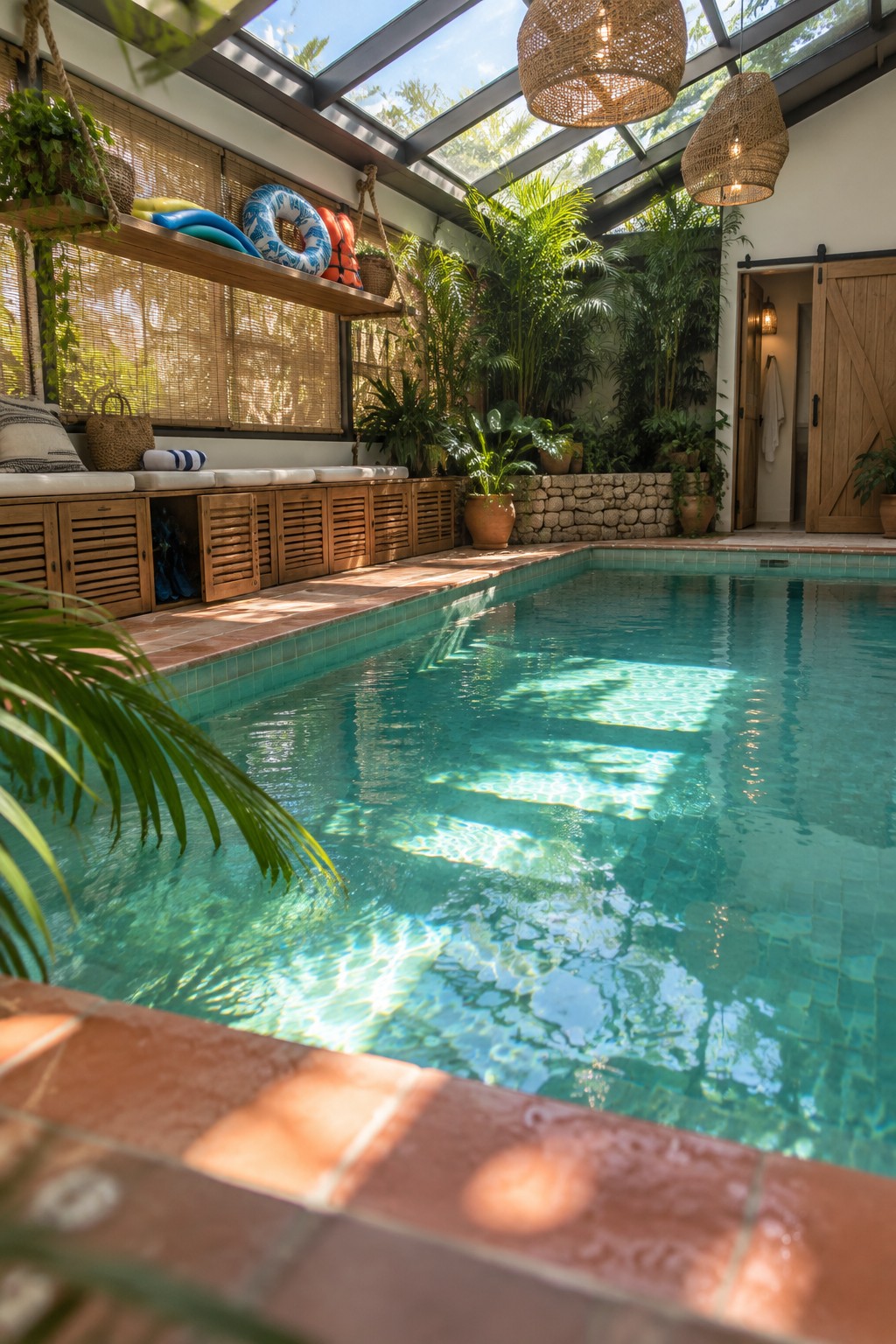 Indoor pool with teal water surrounded by terracotta tile, featuring a long wooden bench with louvered cabinet doors and an overhead wooden shelf holding pool floats and rings.