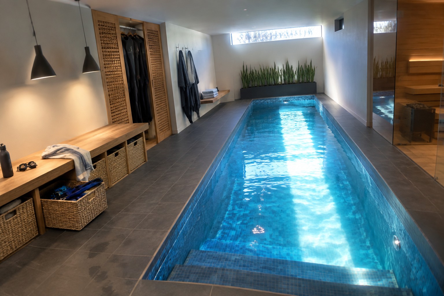 An indoor lap pool with blue tile, a long wooden bench with woven storage baskets underneath, and robes hanging on wall hooks to the left.