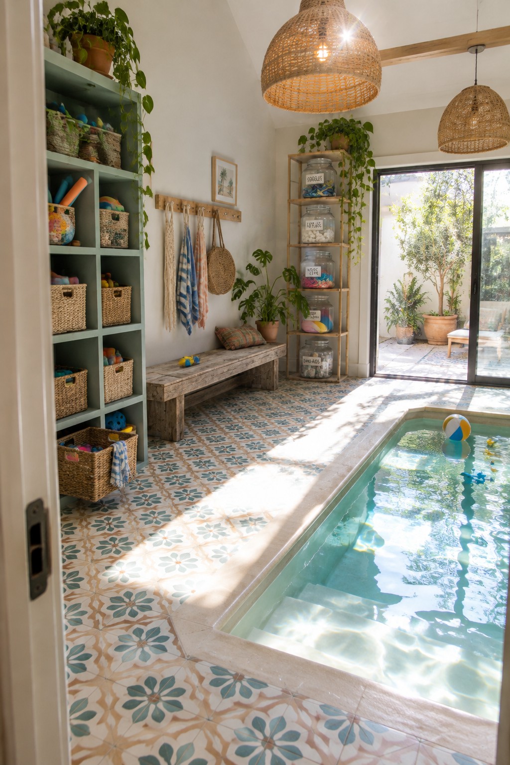 An indoor pool area with patterned tile floor, wooden bench, open shelving units holding glass jars and baskets, and a small rectangular pool with steps.