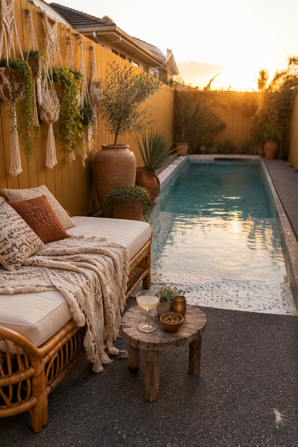 A long narrow plunge pool runs alongside a yellow fence with a rattan daybed, throw pillows, and hanging plants in a paved side yard at sunset.