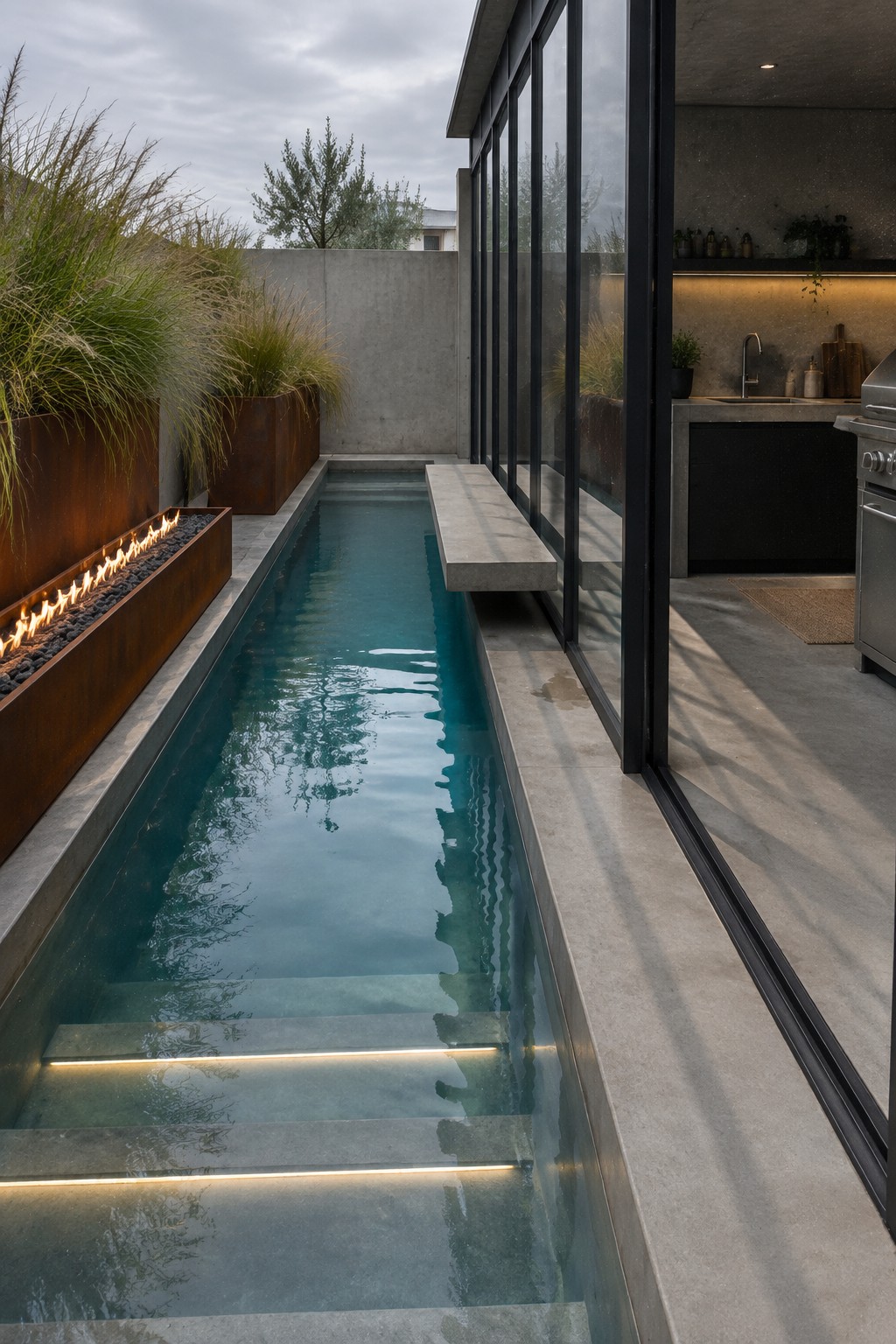 A narrow plunge pool with illuminated steps and a cantilevered concrete bench runs alongside a modern house with glass doors and an outdoor kitchen.