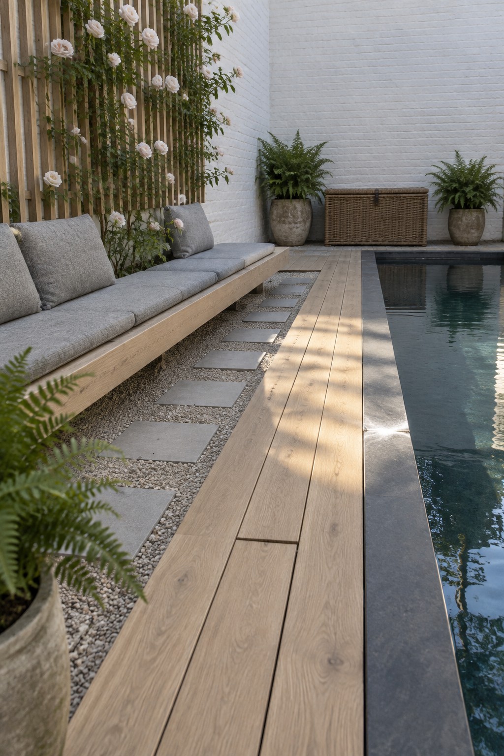 A narrow plunge pool sits beside a light wood deck with a built-in bench holding gray cushions, stepping stones in gravel, and ferns in pots along a white brick wall.