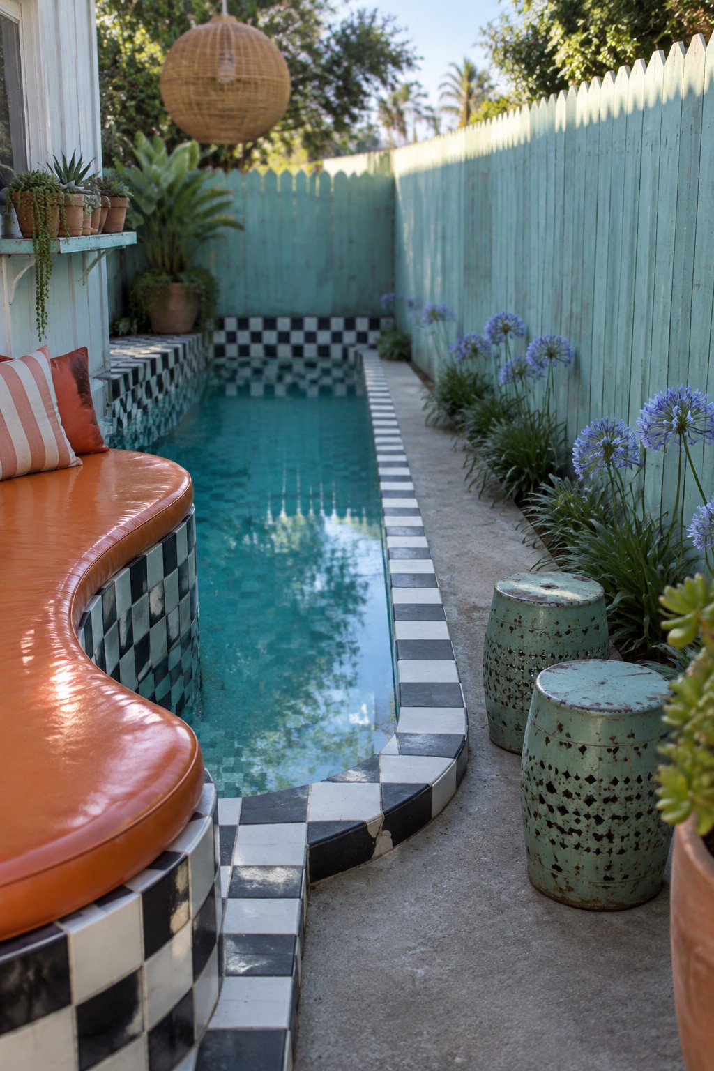A narrow plunge pool with black and white checkered tile borders sits beside an orange curved bench on one side and two green metal stools on the other, with a light blue fence and plants in the background.