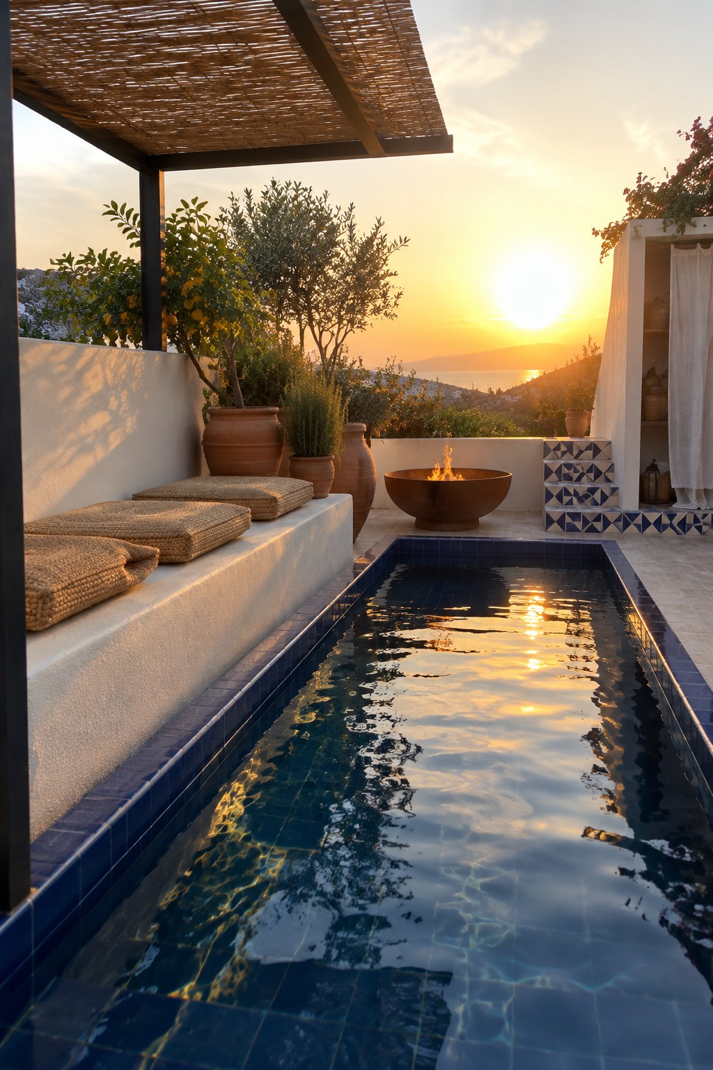 A long narrow plunge pool with blue tiles sits beside a white wall with built-in seating cushions and a fire bowl in the background at sunset.