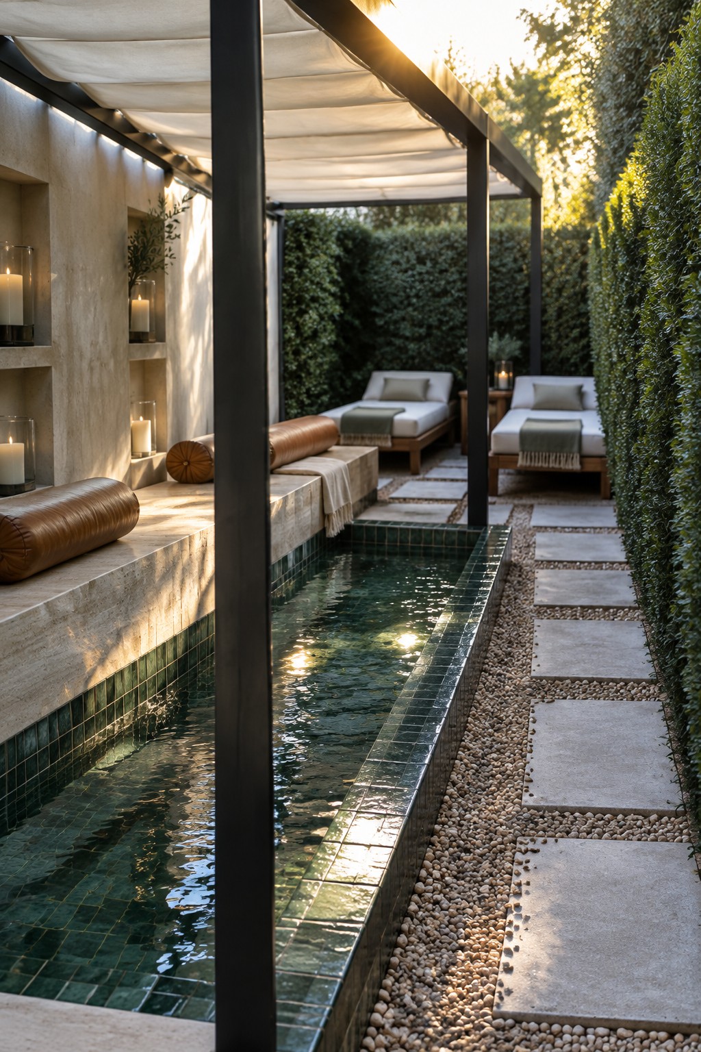 A narrow outdoor plunge pool with green tile edging, a stone ledge holding brown cushions, two lounge chairs under a white canopy, and a gravel path with stone pavers beside tall hedges.