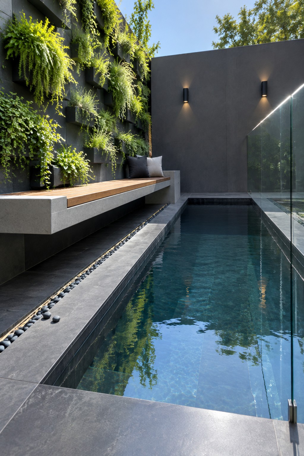 A narrow outdoor plunge pool with a vertical garden wall of green plants on the left, a cantilevered bench with wood top and pillows, dark concrete walls, and glass railing on the right.