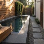 A long narrow plunge pool sits between a wooden wall with a built-in bench and a path of stone pavers on gravel.