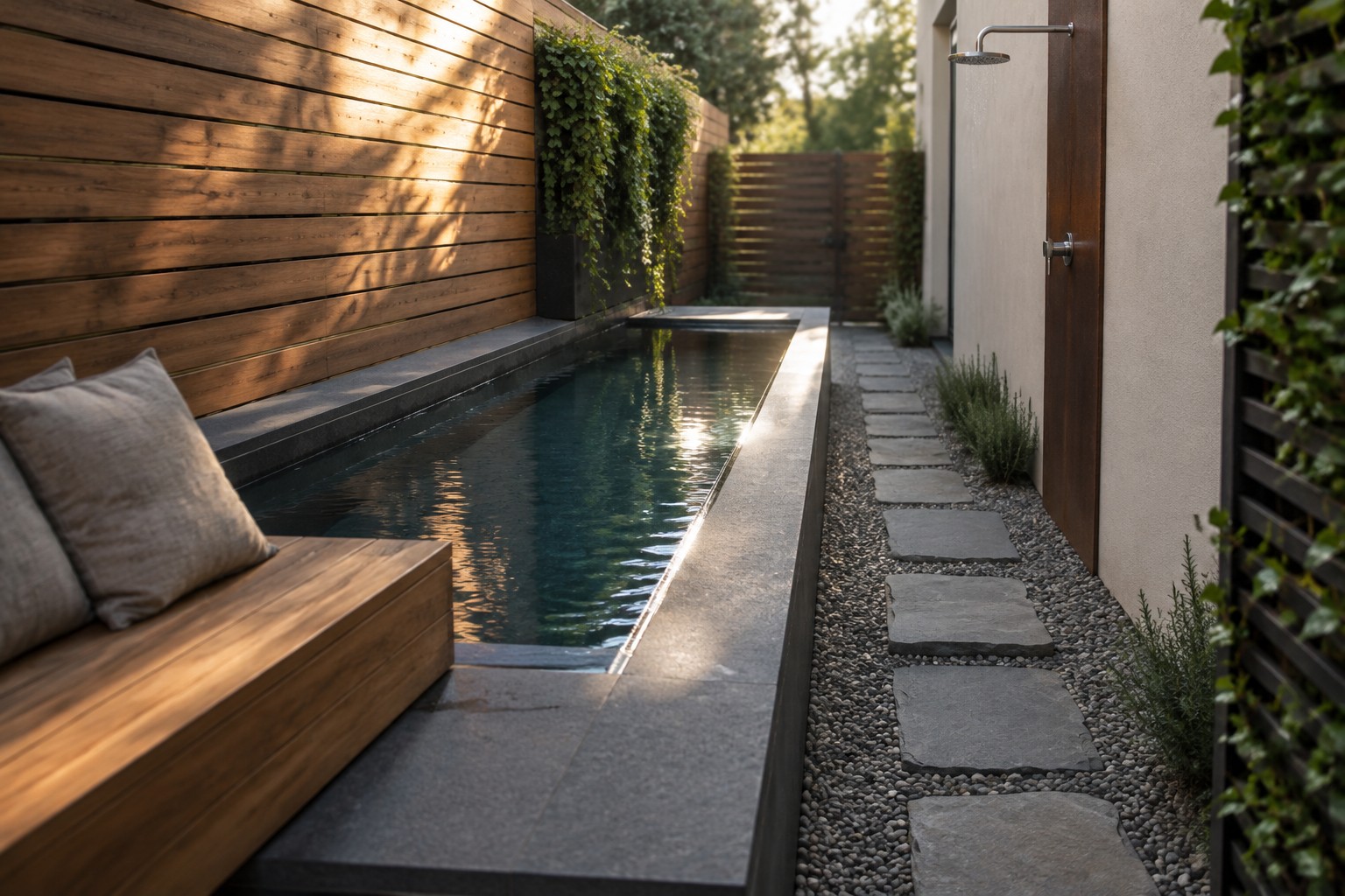 A long narrow plunge pool sits between a wooden wall with a built-in bench and a path of stone pavers on gravel.