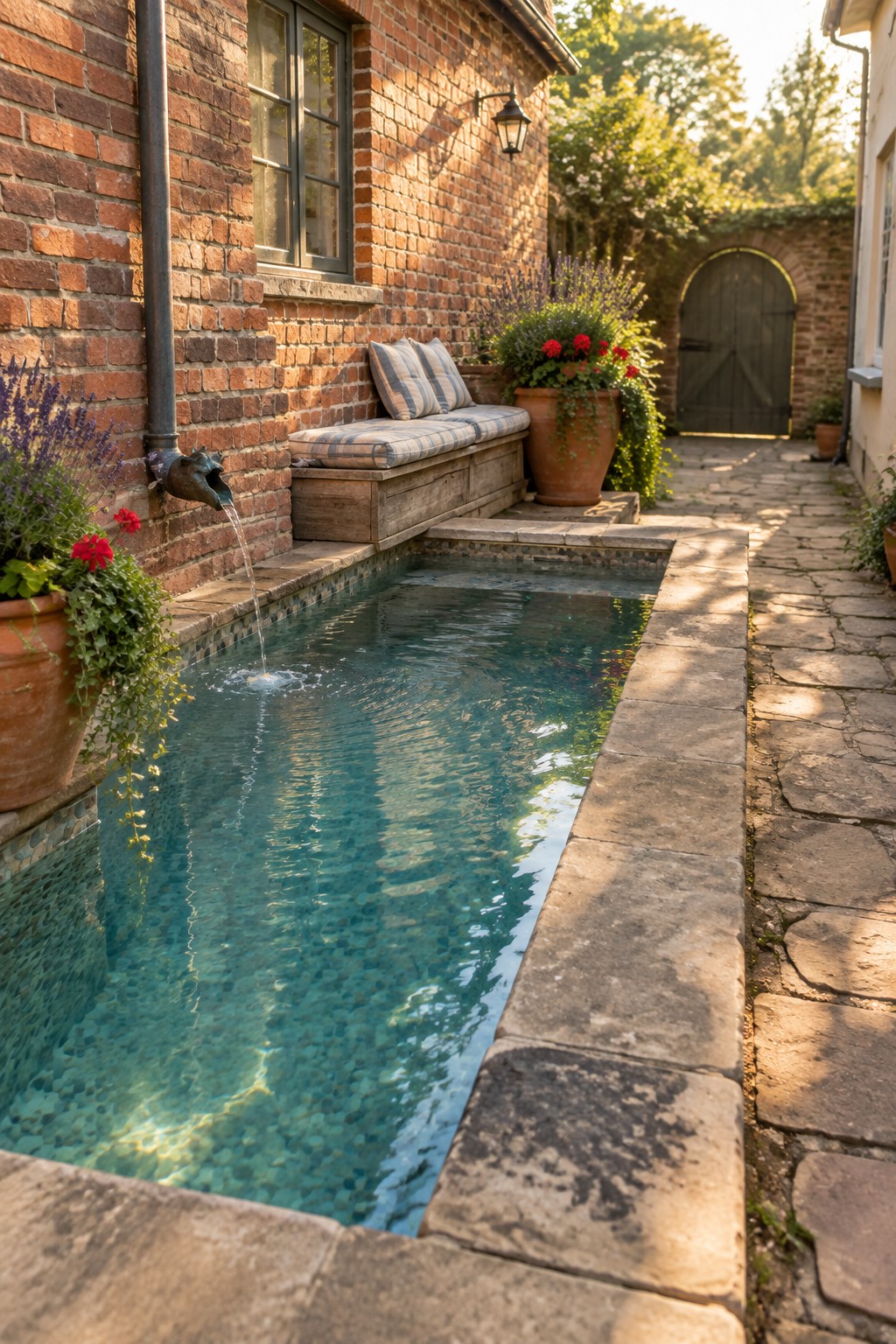 A long narrow plunge pool runs along a brick house wall with water flowing from a wall-mounted spout, bordered by stone pavers and large terracotta pots.