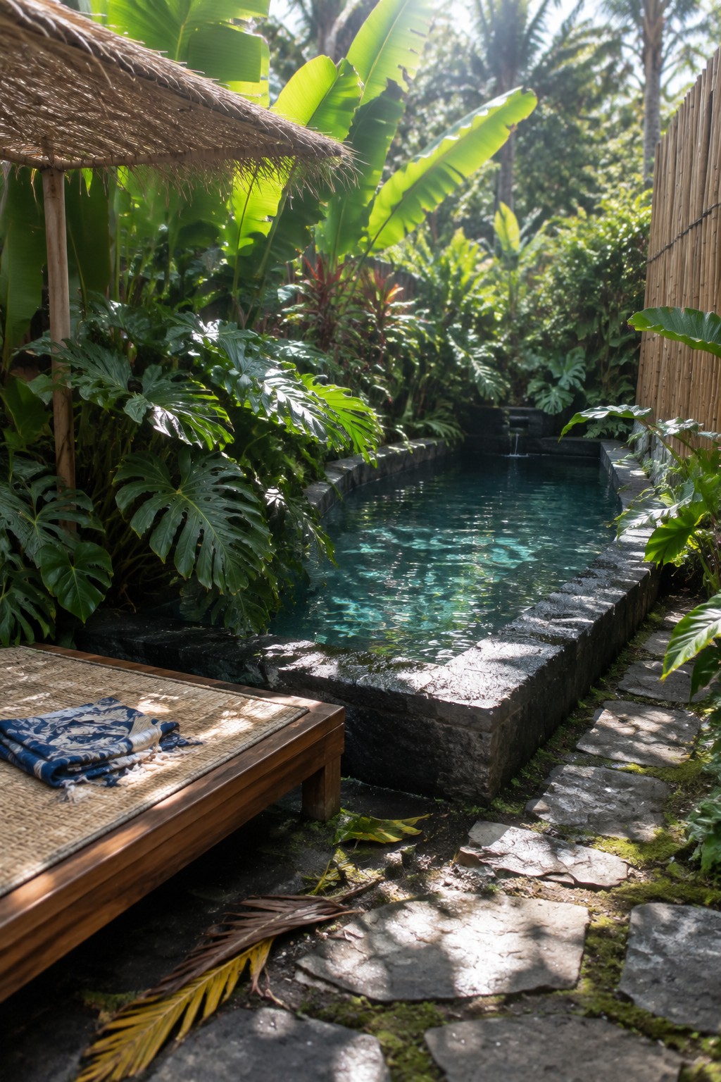 A long rectangular plunge pool with dark stone edging runs through a narrow tropical garden beside a stone path and a thatched lounge chair.