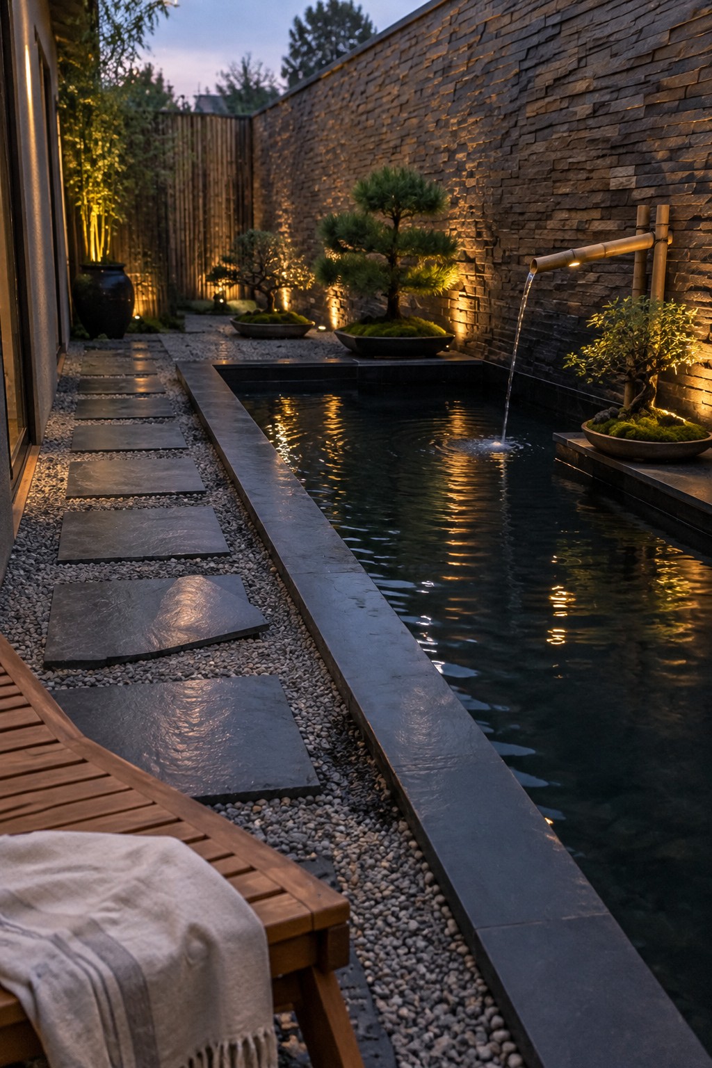 A narrow rectangular plunge pool runs along a stone wall with a bamboo spout pouring water, dark stepping stones on gravel, potted bonsai trees, and a wooden bench with a blanket in the foreground.