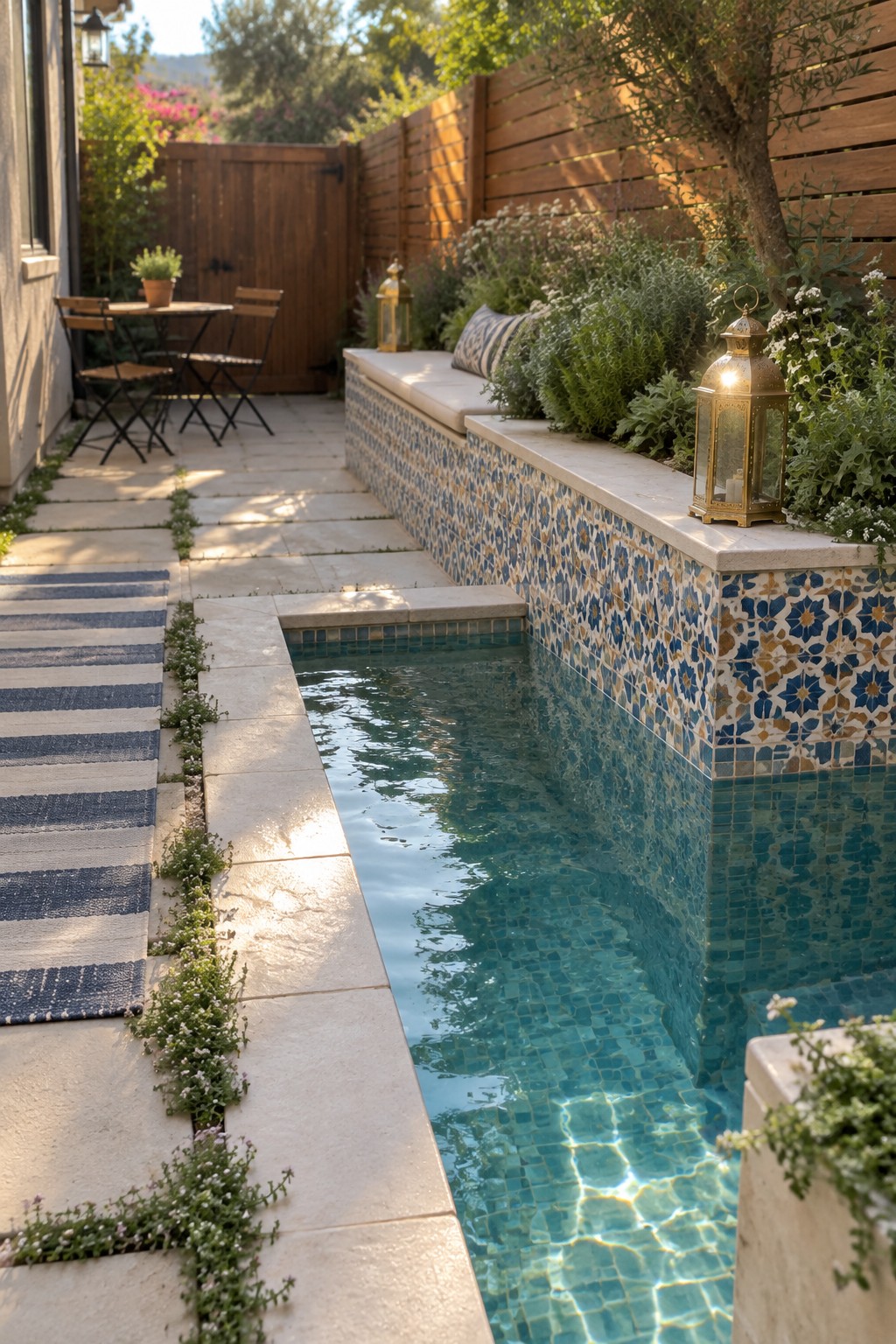 A narrow plunge pool with colorful mosaic tile walls and a flat stone ledge runs beside a stone path in a side yard.