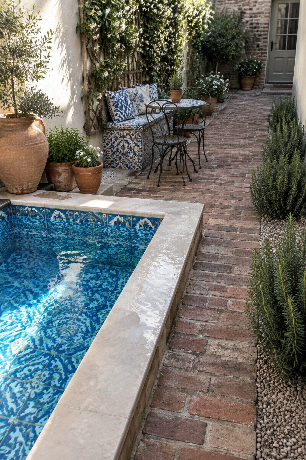 A narrow plunge pool with blue patterned tiles runs beside a brick pathway in a side yard, with a built-in cushioned bench, small table and chairs, and potted plants along the edges.