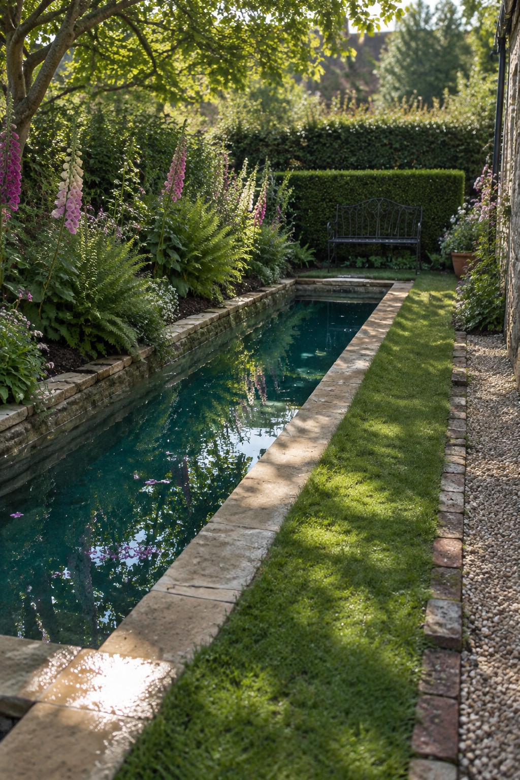 Narrow rectangular pool with stone edges beside lawn in lush flowering garden