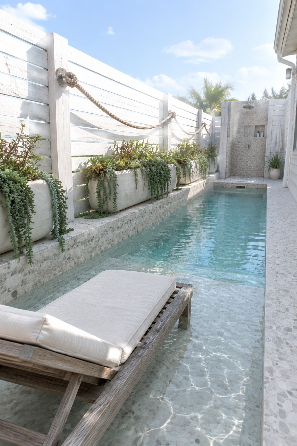 A long narrow plunge pool with a wooden lounge chair partially submerged in the shallow end, running alongside a white fence lined with planters and a stone outdoor shower area.