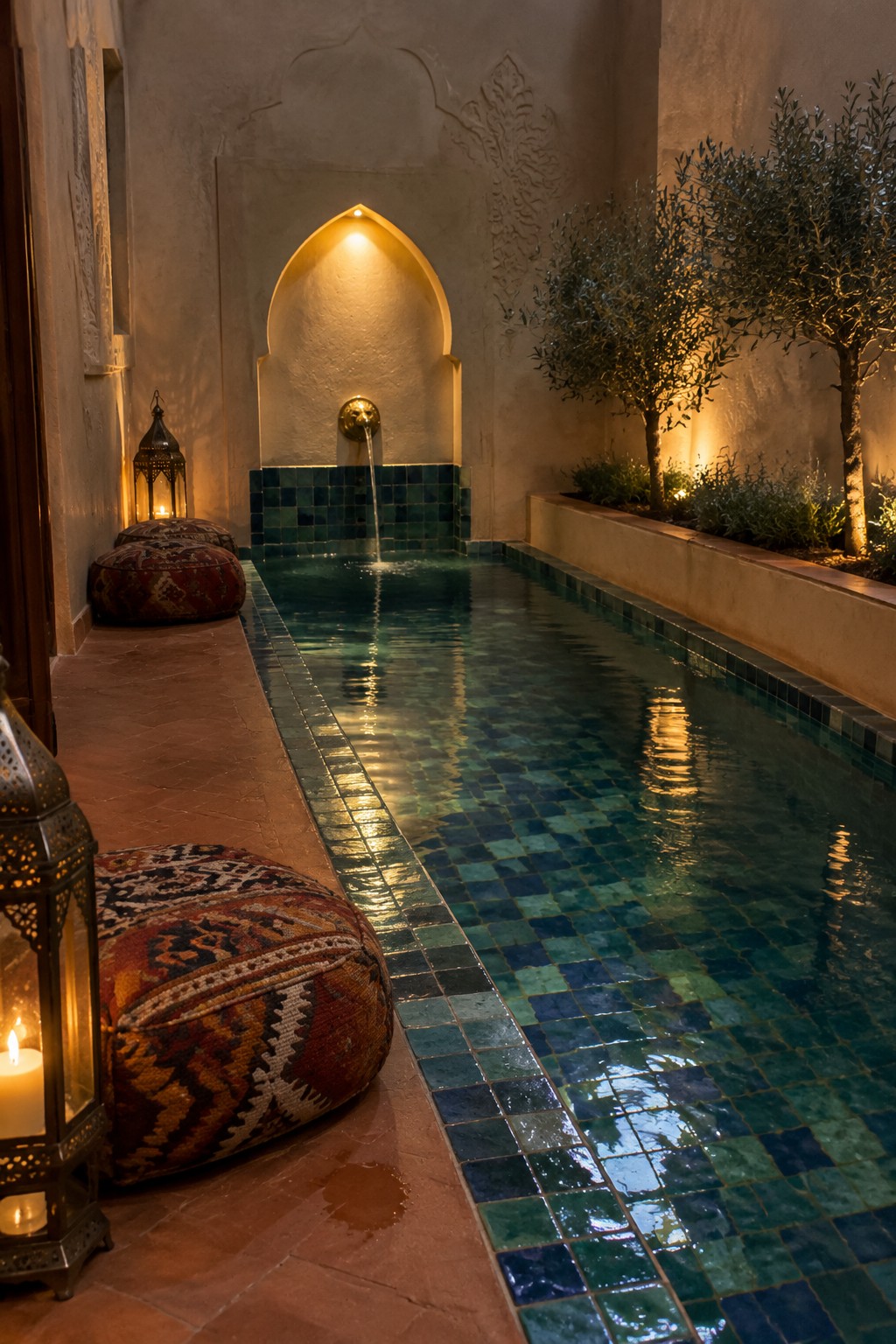 A long narrow plunge pool with blue and green mosaic tiles sits beside a textured wall with an arched niche containing a brass fountain, next to patterned floor cushions and metal lanterns on terracotta paving.