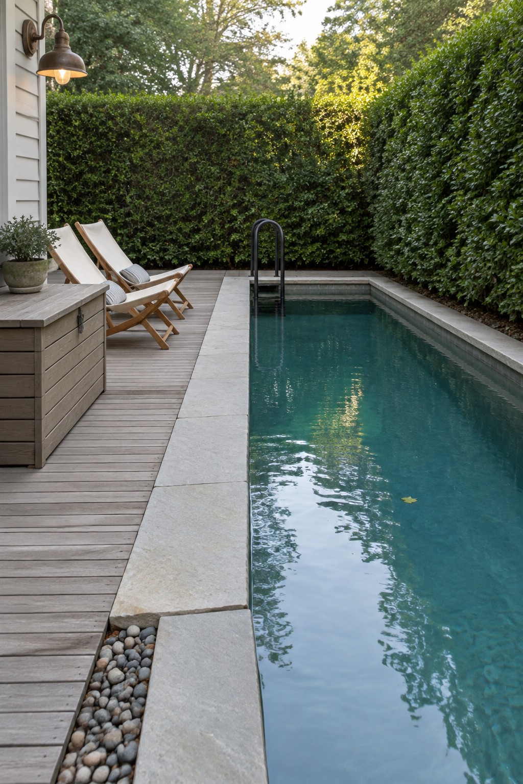 A narrow rectangular plunge pool with teal water runs alongside a wooden deck holding two lounge chairs and a storage bench, bordered by tall dense hedges on both sides.