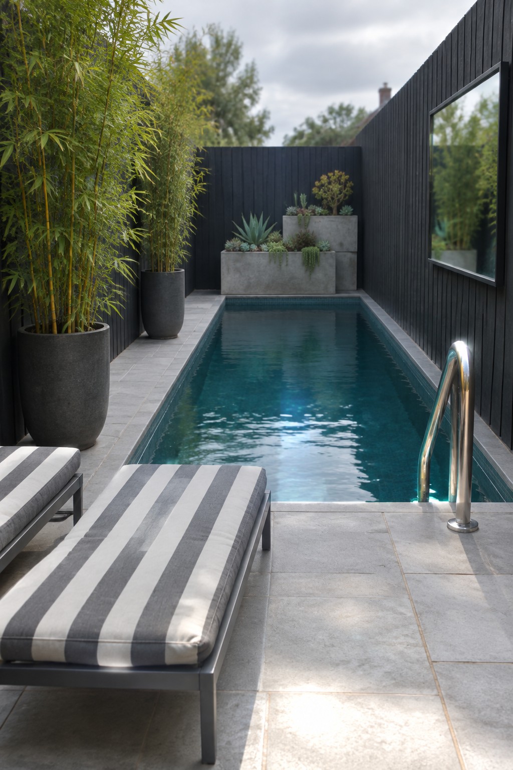 A long narrow plunge pool sits between dark fences in a side yard, with striped lounge chairs and tall bamboo plants in gray pots along one edge.