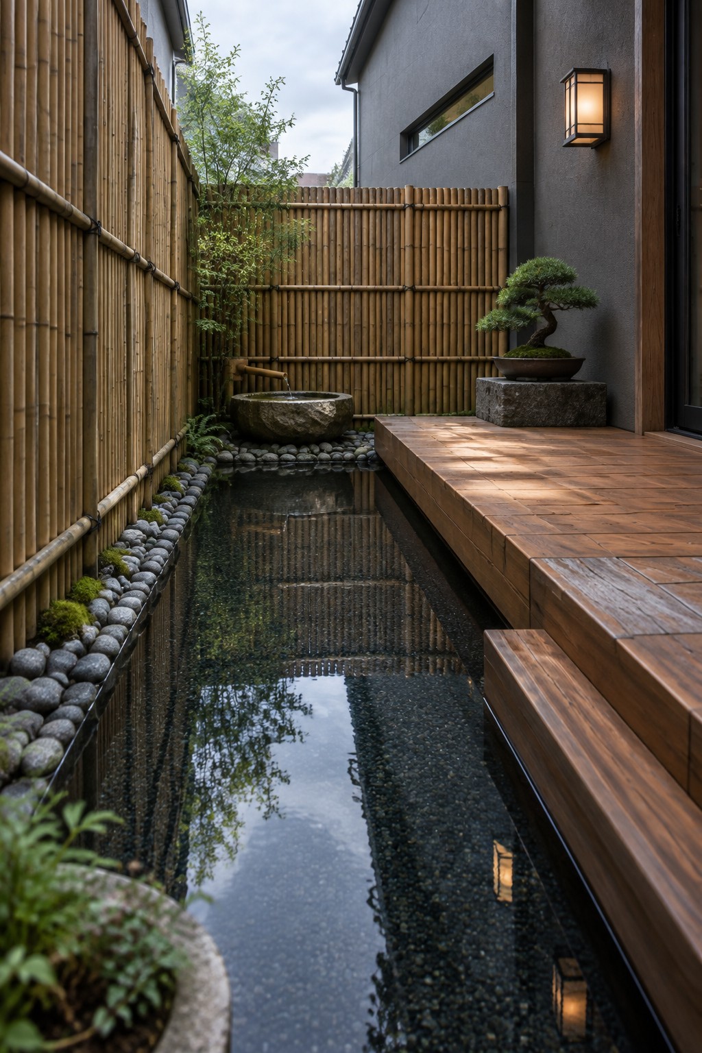 Japanese zen garden with bamboo fence, stone water basin, bonsai on pedestal, wooden deck.
