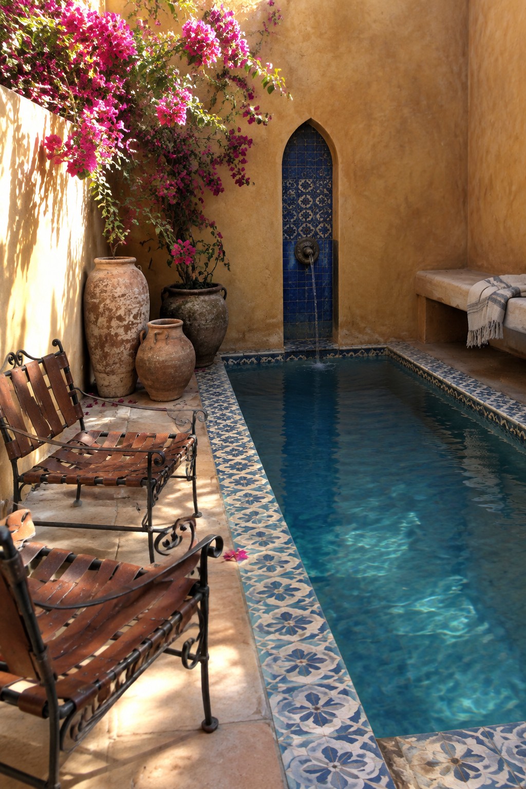 A long narrow plunge pool with blue and white tile borders runs beside an ochre wall with a blue tiled niche and water spout, next to potted plants and wooden chairs on a stone patio.
