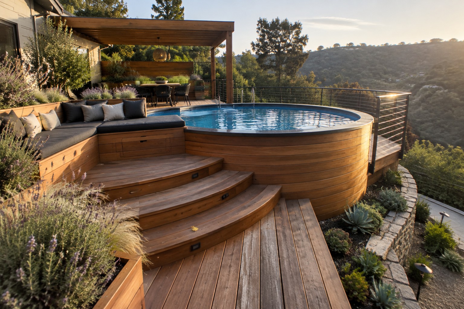 A round above-ground pool with a curved wooden deck and integrated steps on a sloped yard.