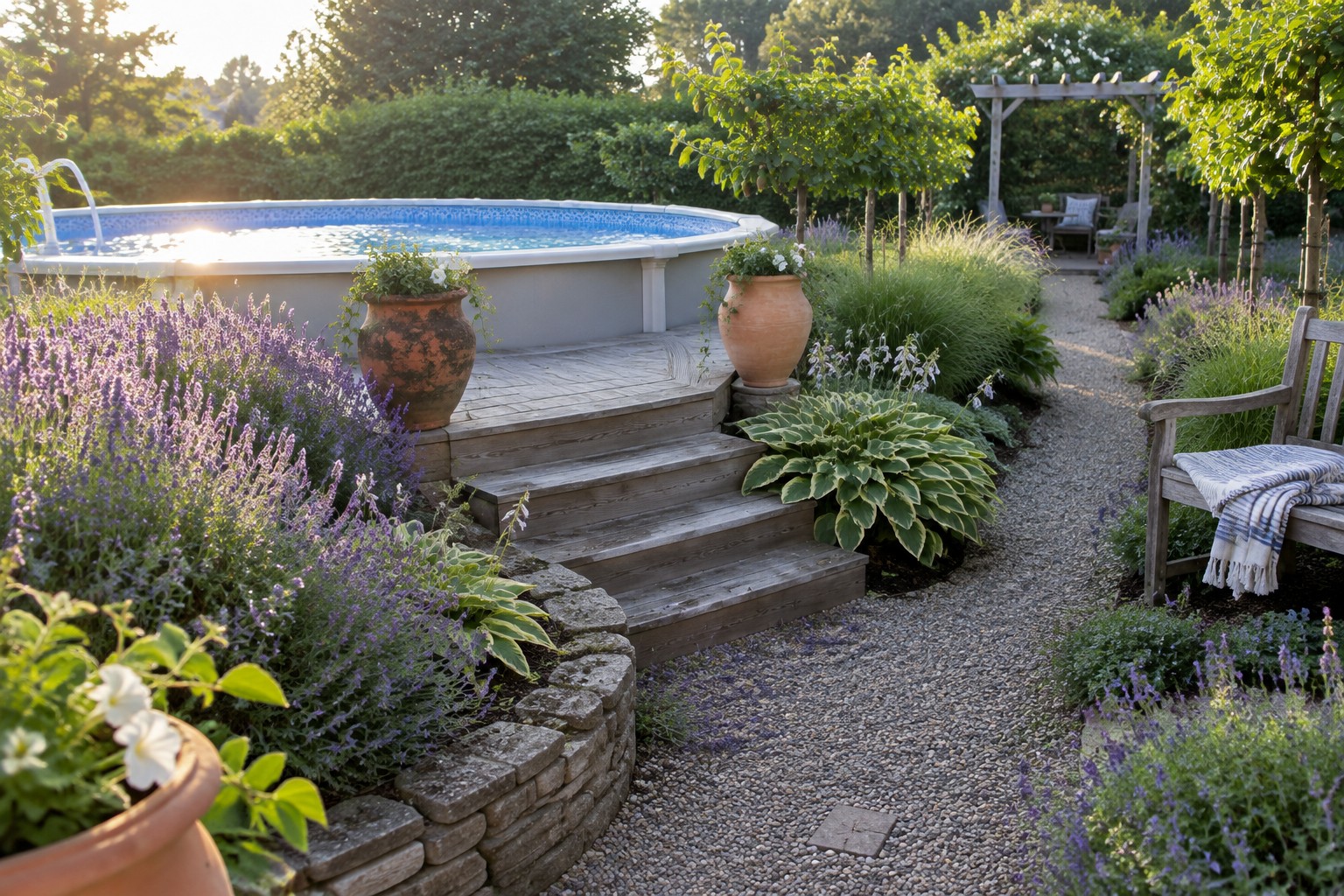 An above ground pool with a curved wooden deck, stone retaining wall edged with lavender, potted plants on the deck, and a gravel garden path leading past wooden chairs.