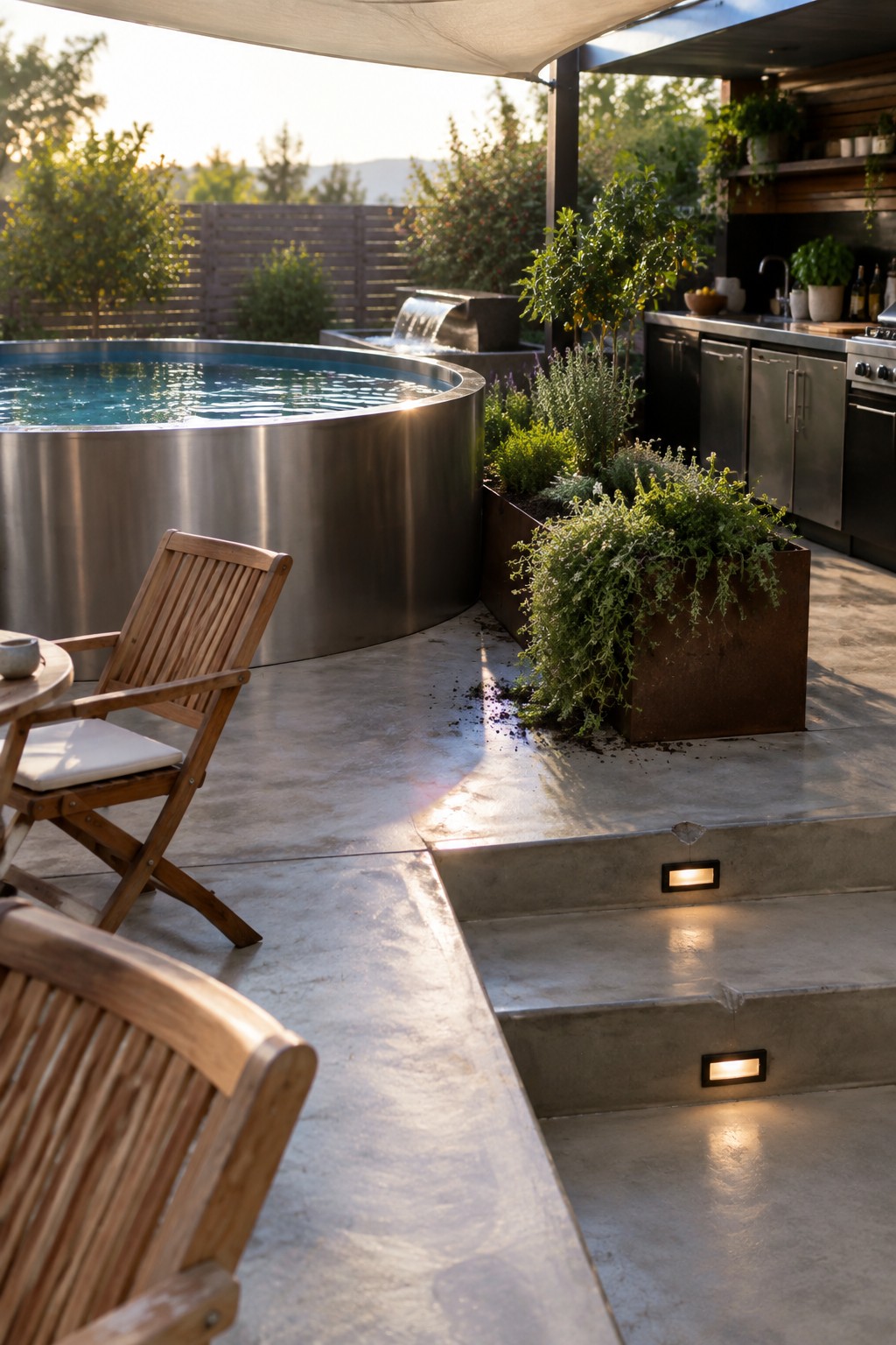 Modern patio with circular metal pool, wooden chair, rusted planter, and lit steps.