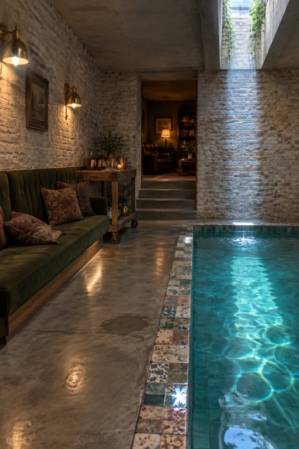 Indoor pool with rippling water beside green velvet sofa in brick room
