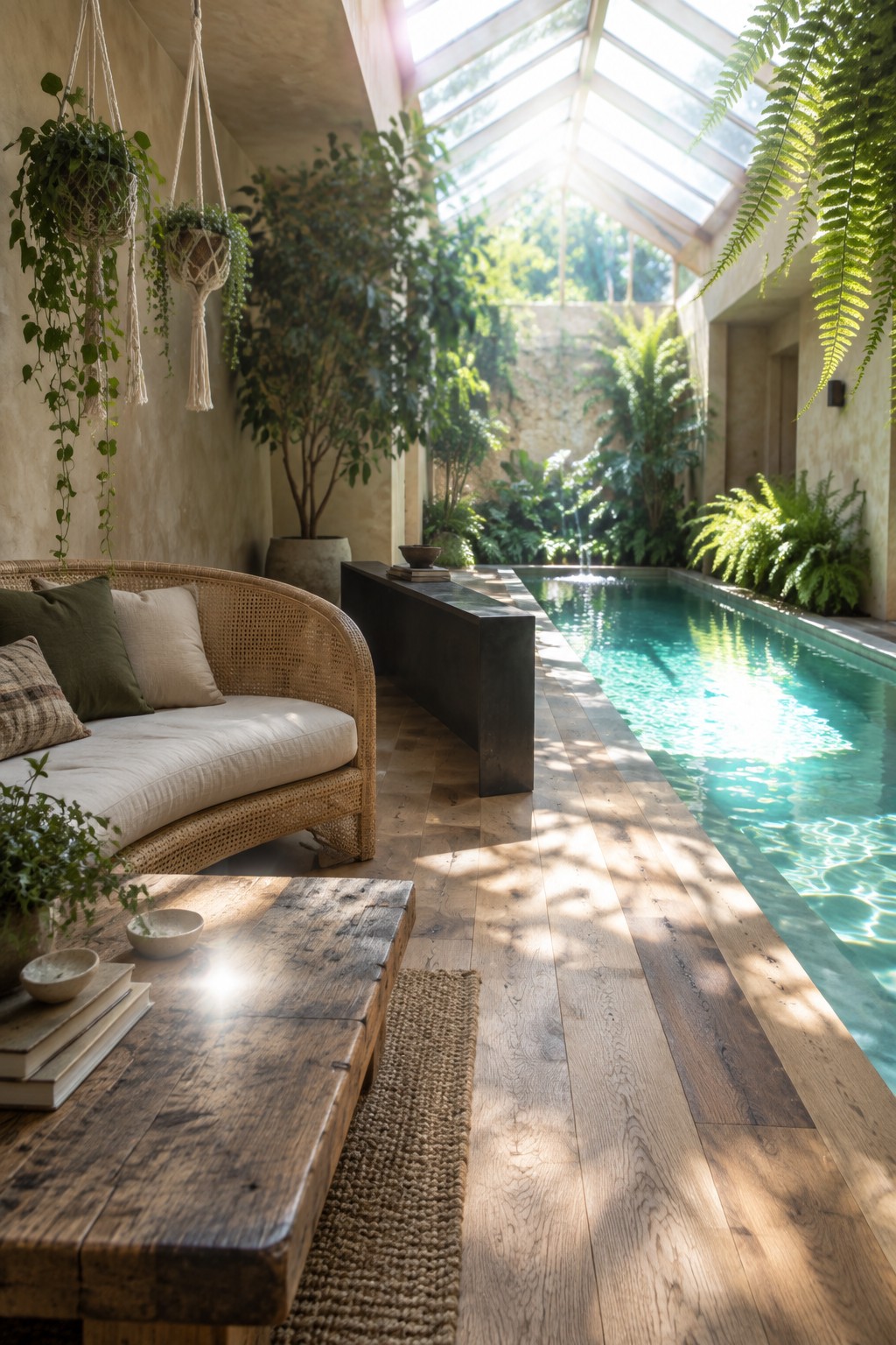 An indoor pool with clear turquoise water next to a rattan sofa with cushions and a wooden bench on a continuous wood floor, with hanging plants and a glass roof overhead.