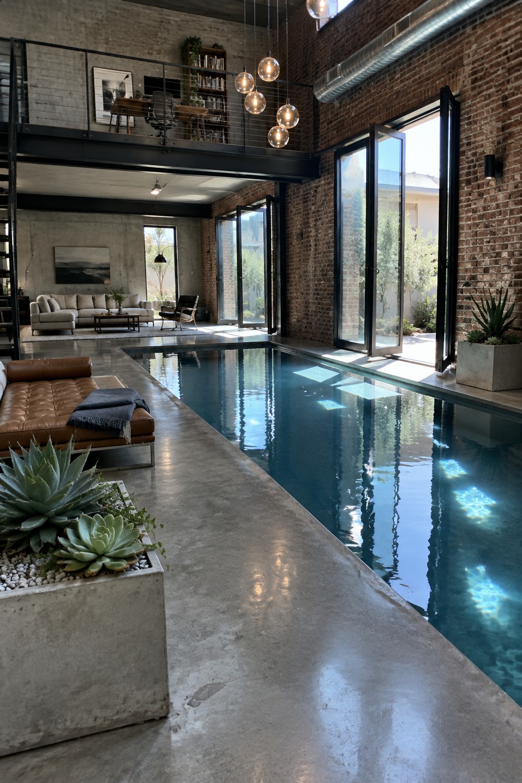 A spacious industrial interior showing a long indoor pool set flush with a concrete living floor, brown leather seating nearby, large glass doors open to the outside, and a mezzanine level above.