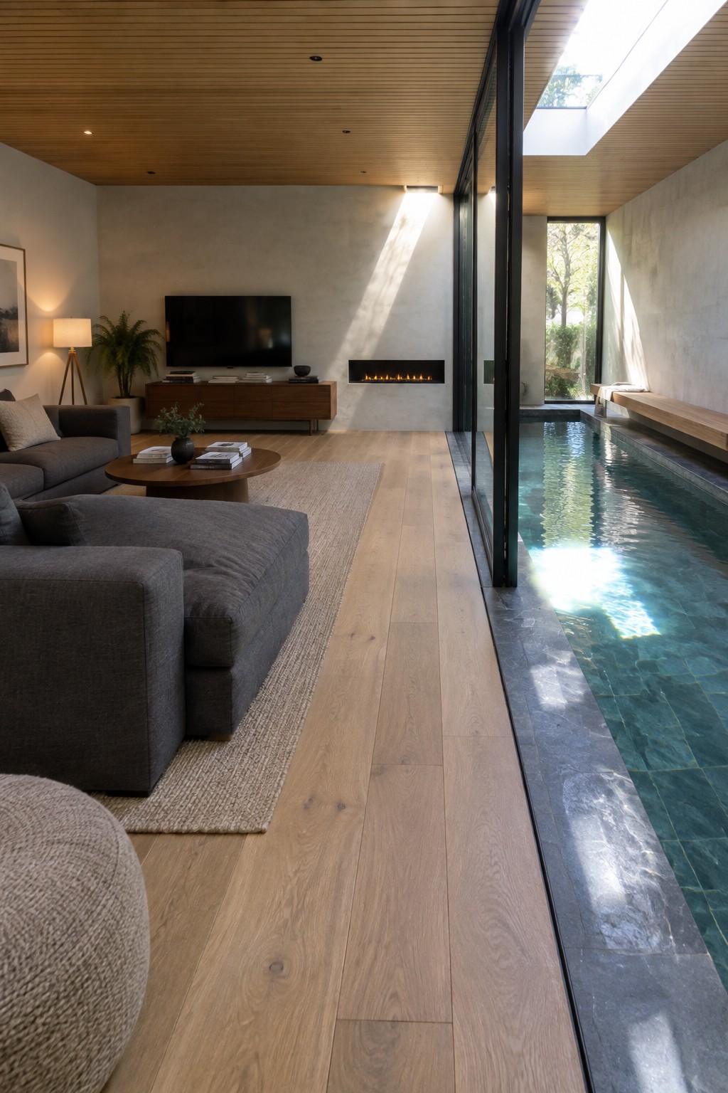 Modern living room with gray sofa, fireplace, wooden floors, and indoor pool
