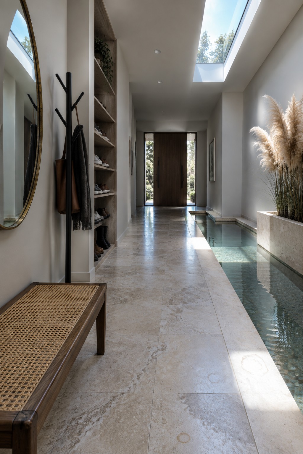 Modern marble hallway with water channel, wooden shelves, coat rack, and pampas grass