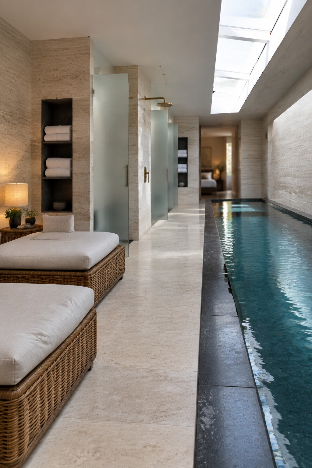 Long indoor lap pool with light stone flooring and walls, two woven lounge daybeds on the left, frosted glass shower partitions, and a skylight overhead.