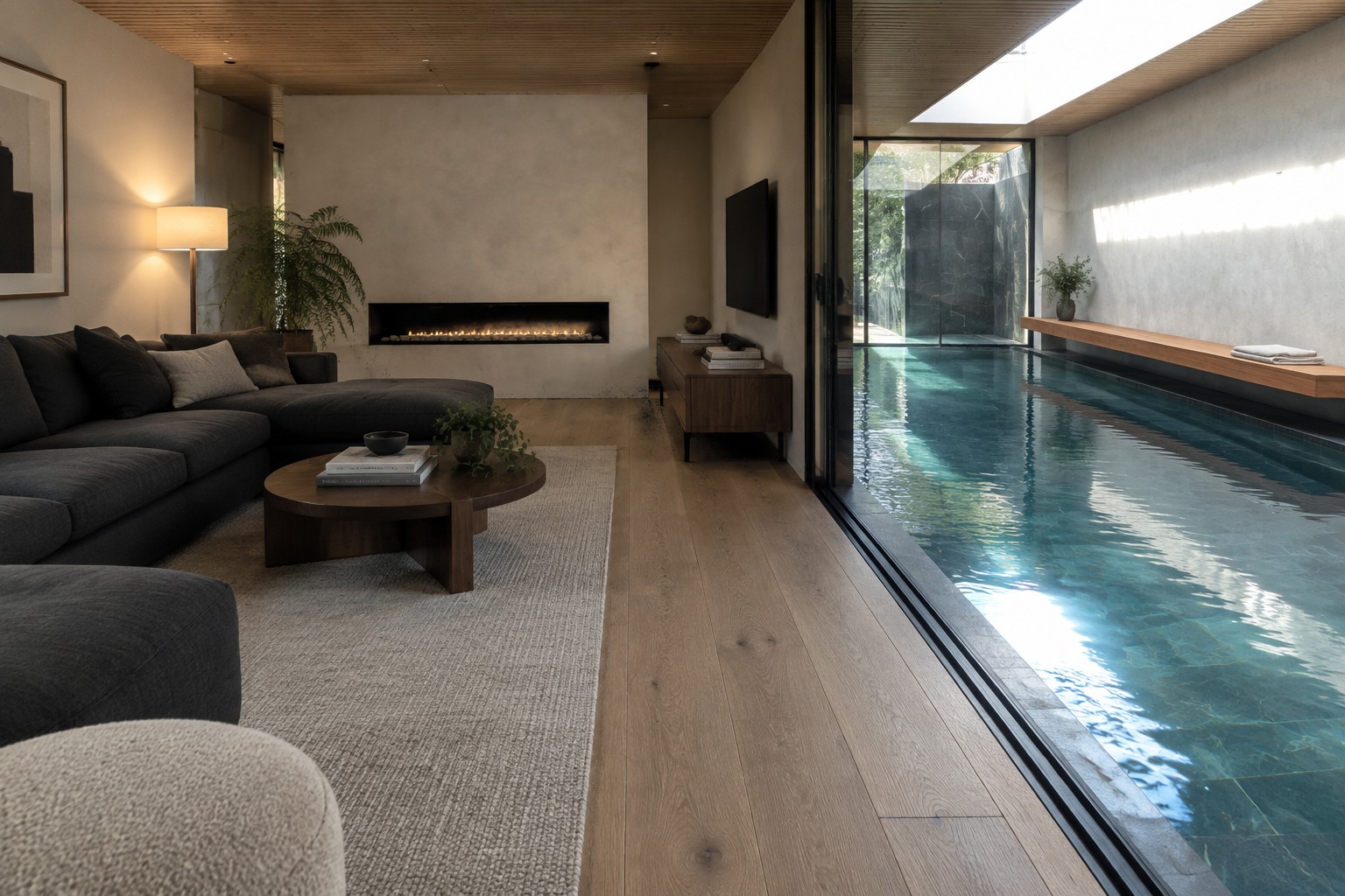 Modern living room with gray sofa, fireplace, wooden floors, and indoor pool