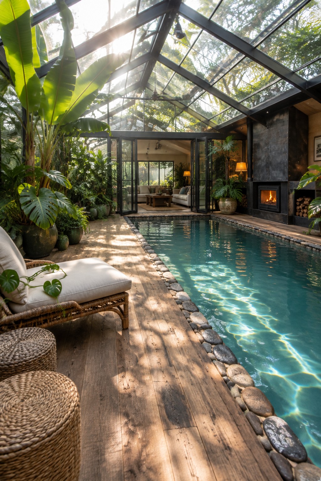 Sunlit glasshouse pool with wooden deck, lush plants, lounge chair, and fireplace.