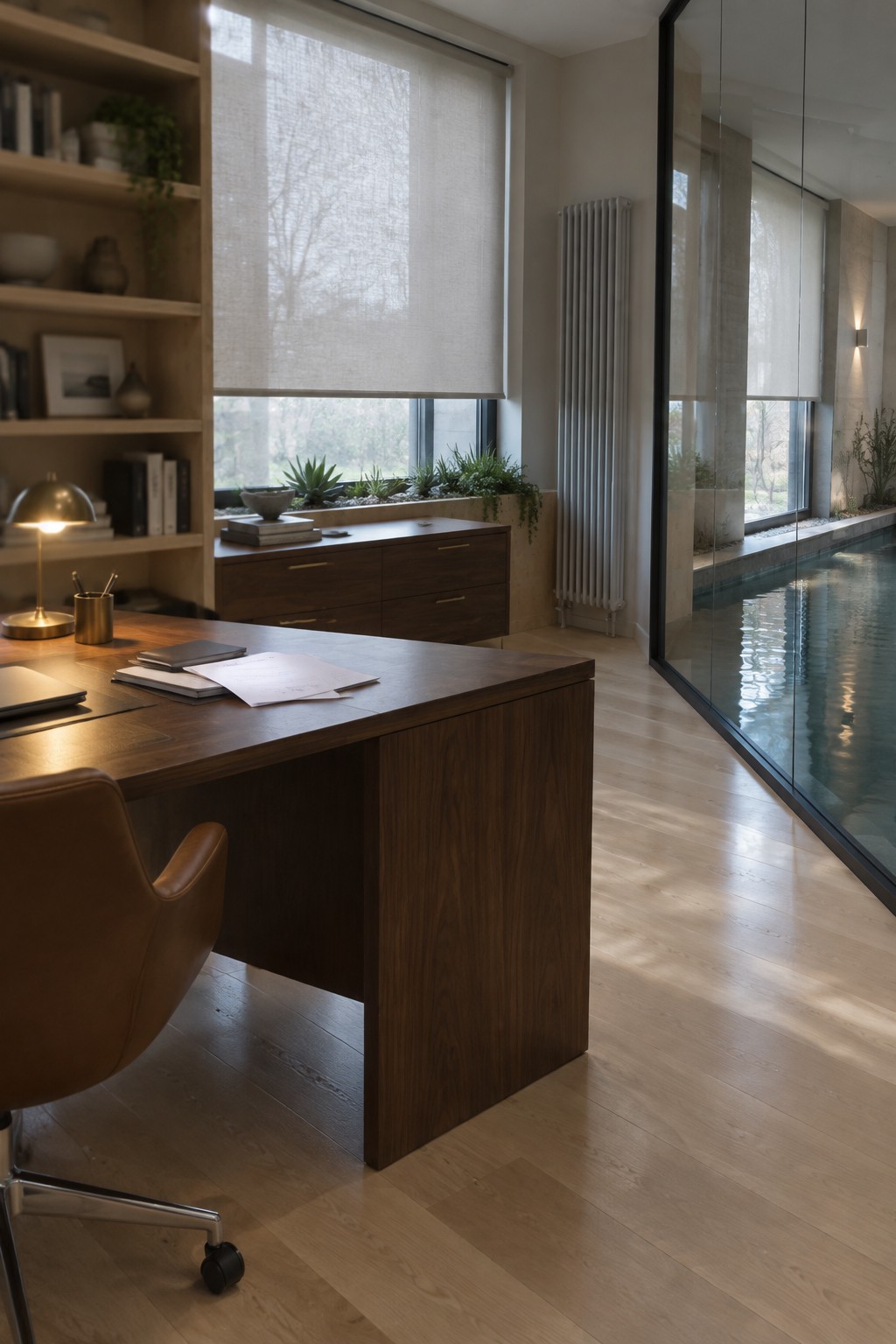 A modern home office with a dark wood desk, brown leather chair, and built-in shelves next to large glass windows overlooking an indoor pool.