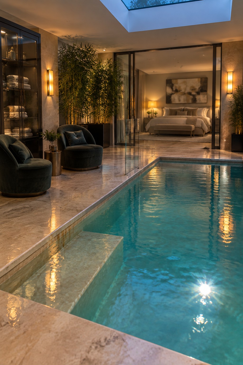 An indoor pool with teal water and marble edging sits next to dark lounge chairs, separated by a glass partition from a bedroom visible through large doors.