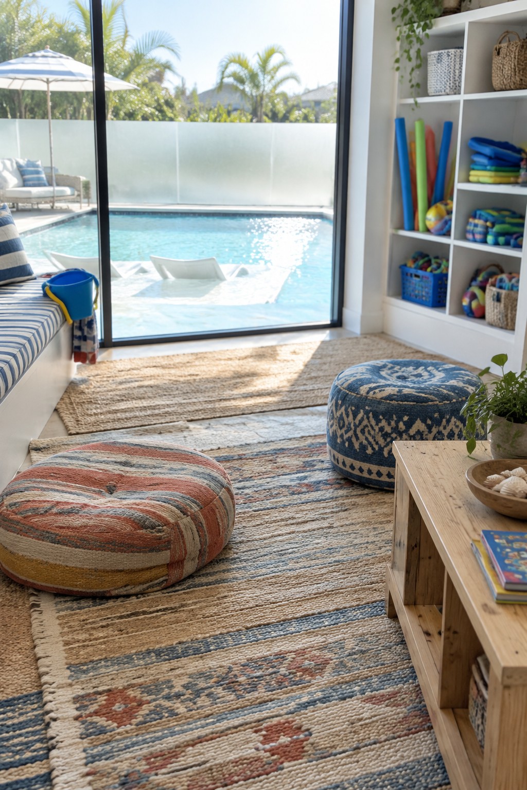An indoor living area with woven rugs and colorful floor poufs faces large glass doors that open to a swimming pool outside.
