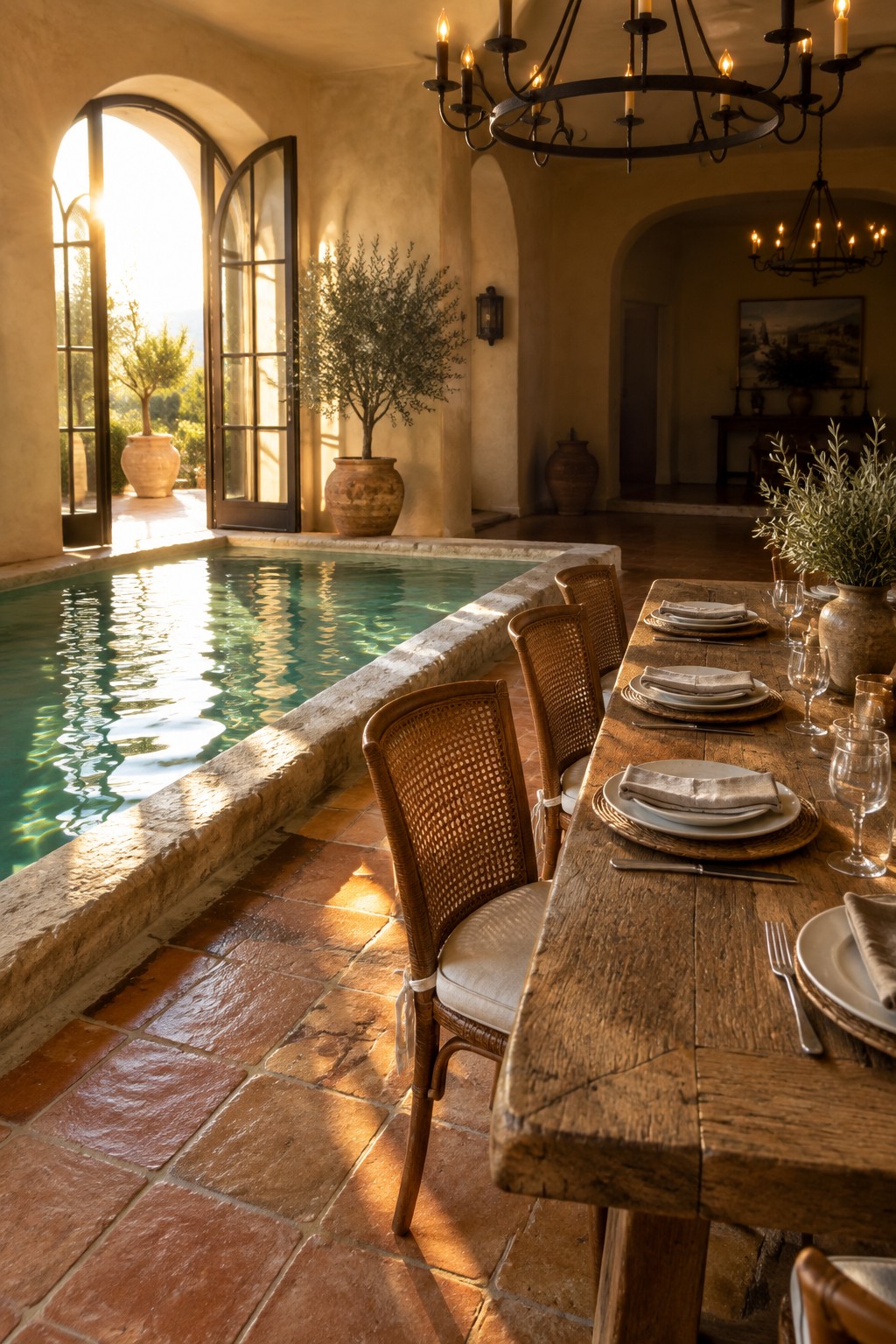 An indoor pool runs along one side of a long wooden dining table inside a room with terracotta tile floors and large open doors leading outside.