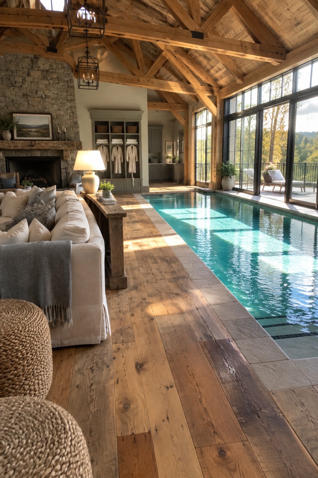 Rustic living space with long indoor pool, white sofa, stone fireplace, and wooden beams