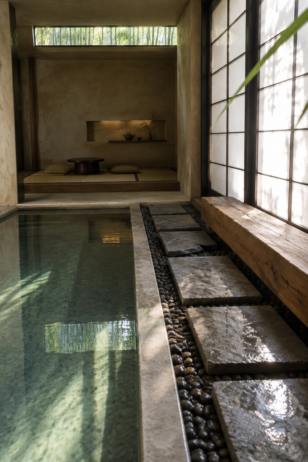 An indoor pool with wet stone stepping pavers set in dark pebbles runs beside a raised wooden platform with tatami mats, cushions, and a recessed wall shelf holding a teapot and vase, next to shoji screens.