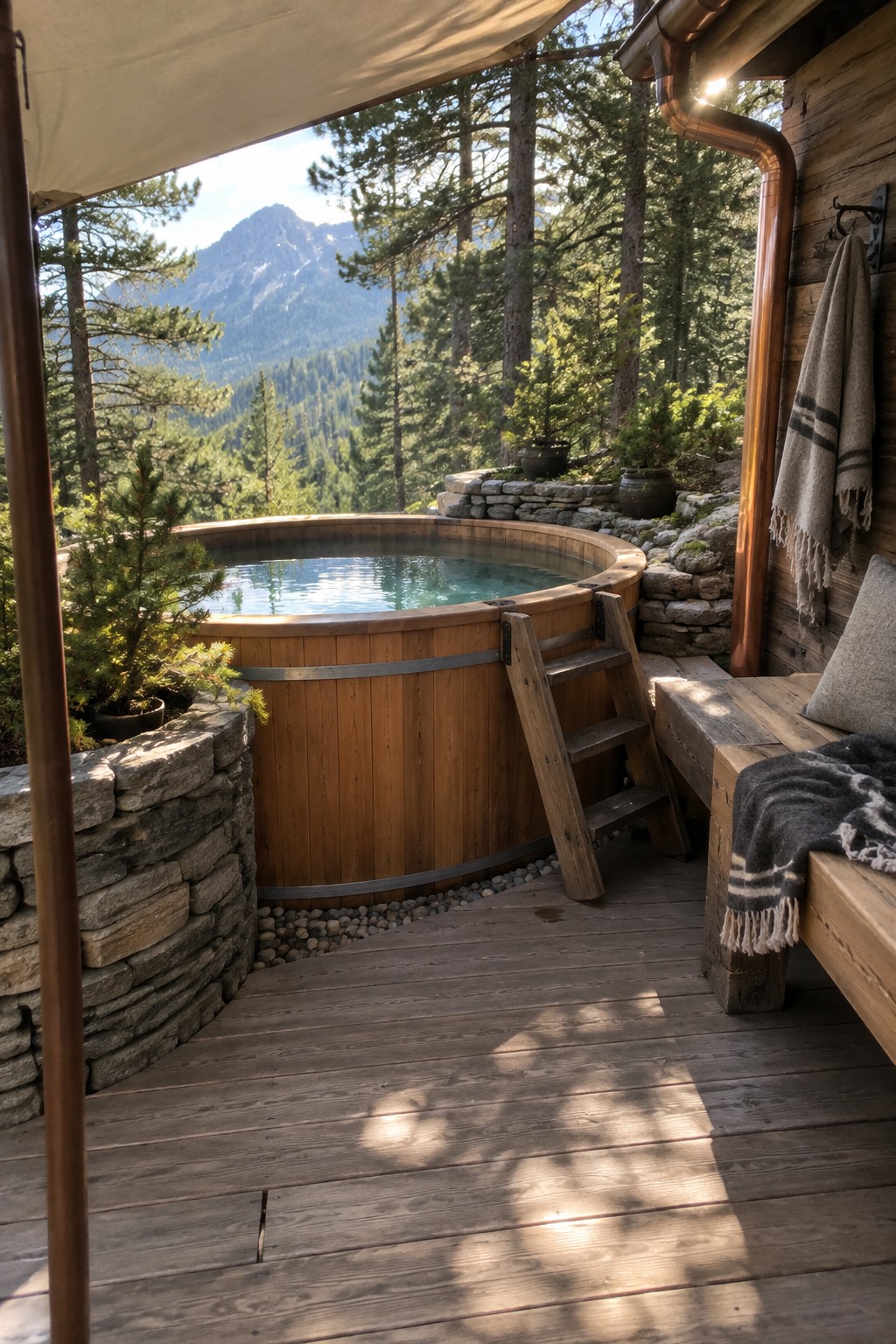 16 Practical Above-Ground Plunge Pool Ideas With Integrated Decks A round wooden plunge pool on a wooden deck with steps and a bench, set against trees and mountains.