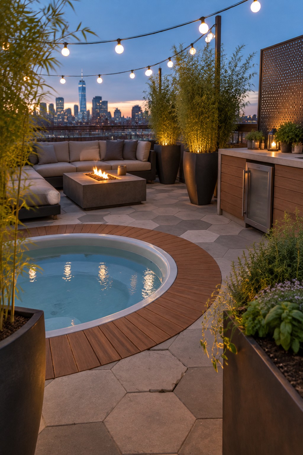 16 Practical Above-Ground Plunge Pool Ideas With Integrated Decks A round above-ground plunge pool with a curved wooden deck surround on a rooftop patio with gray hexagonal tiles, outdoor sectional seating, a fire pit, tall planters, and a city skyline at dusk.