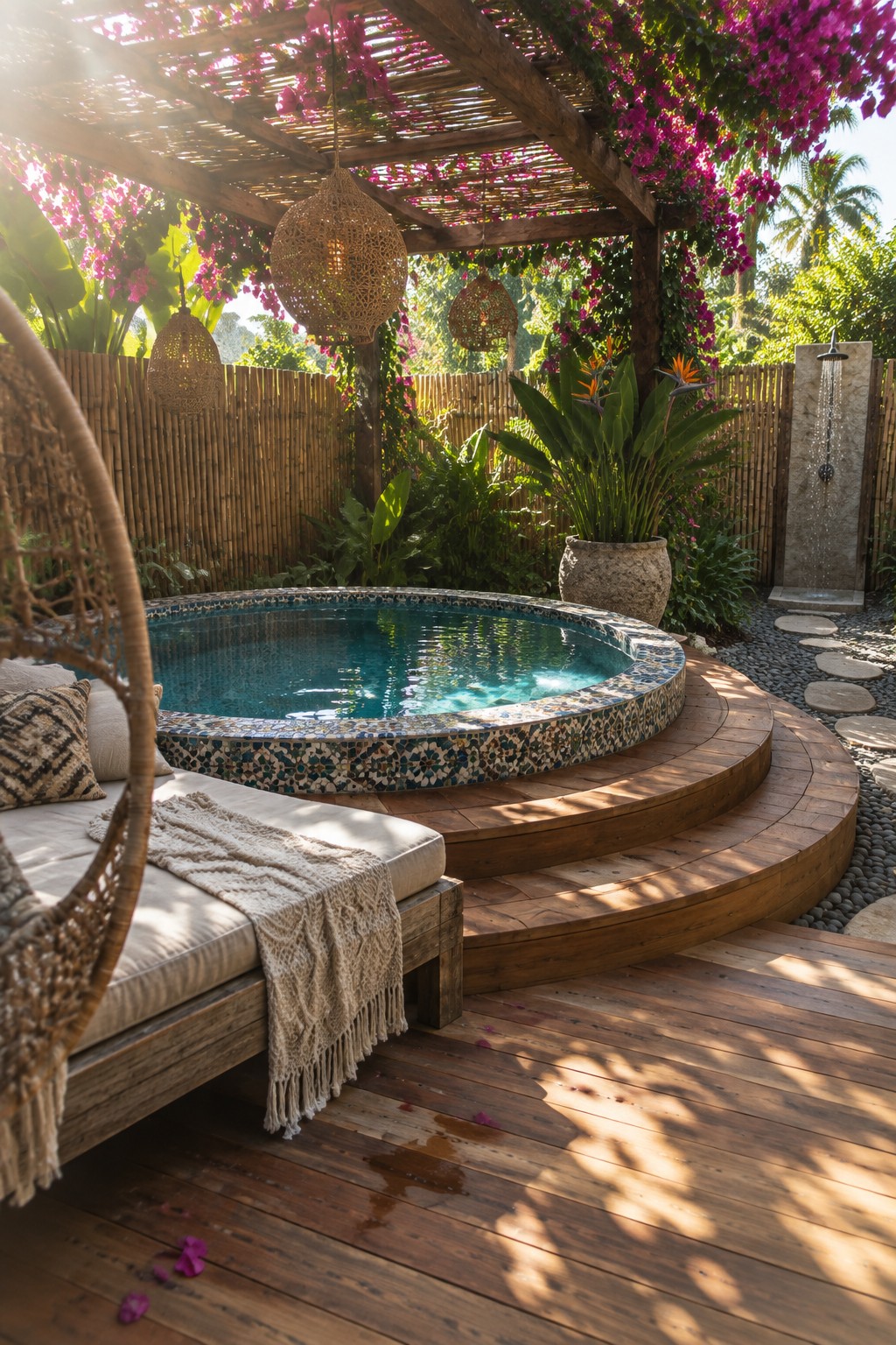 16 Practical Above-Ground Plunge Pool Ideas With Integrated Decks A round plunge pool with a mosaic tile rim is set into a curved wooden deck under a pergola with hanging lights, next to an outdoor shower and tropical plants.