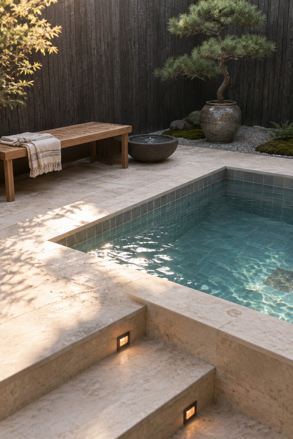 16 Practical Above-Ground Plunge Pool Ideas With Integrated Decks A rectangular plunge pool with teal tile walls set into a light stone deck, with three wide steps featuring recessed lights and a wooden bench on the left.