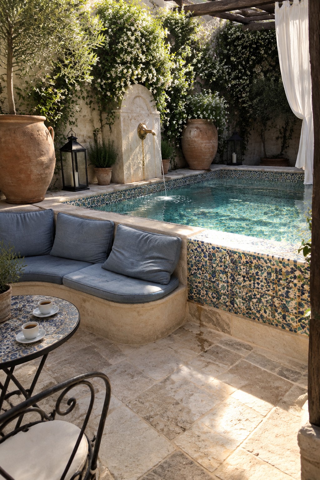 16 Practical Above-Ground Plunge Pool Ideas With Integrated Decks A small plunge pool with mosaic tile borders sits on a stone patio next to a curved built-in bench with blue cushions and a round table holding two coffee cups.
