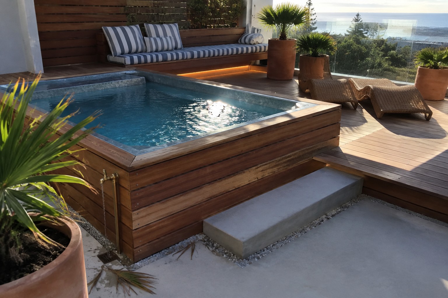 16 Practical Above-Ground Plunge Pool Ideas With Integrated Decks An above-ground plunge pool set into a wooden deck with steps, woven lounge chairs, and potted plants near the edge.