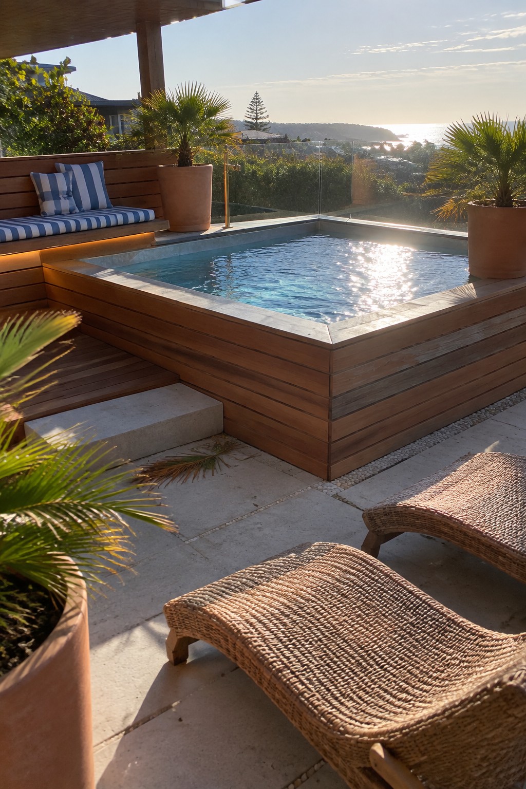 16 Practical Above-Ground Plunge Pool Ideas With Integrated Decks An above-ground plunge pool set into a wooden deck with steps, woven lounge chairs, and potted plants near the edge.
