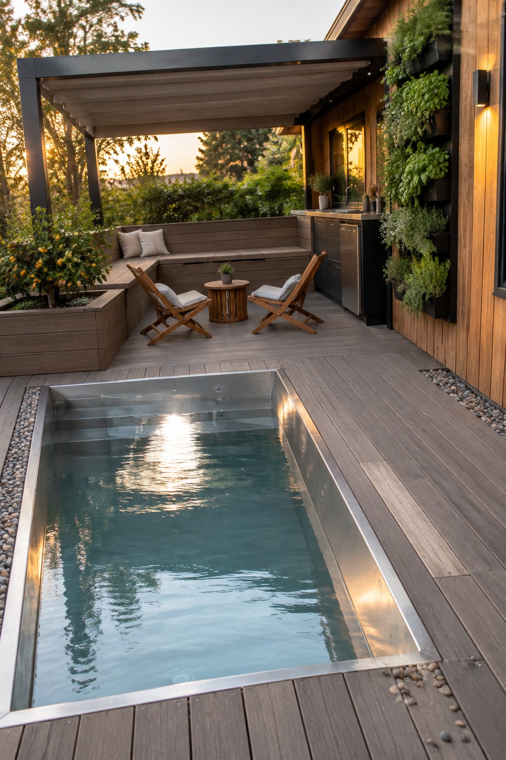 16 Practical Above-Ground Plunge Pool Ideas With Integrated Decks A rectangular stainless steel plunge pool set flush into a wooden deck, surrounded by lounge chairs and a covered seating area.