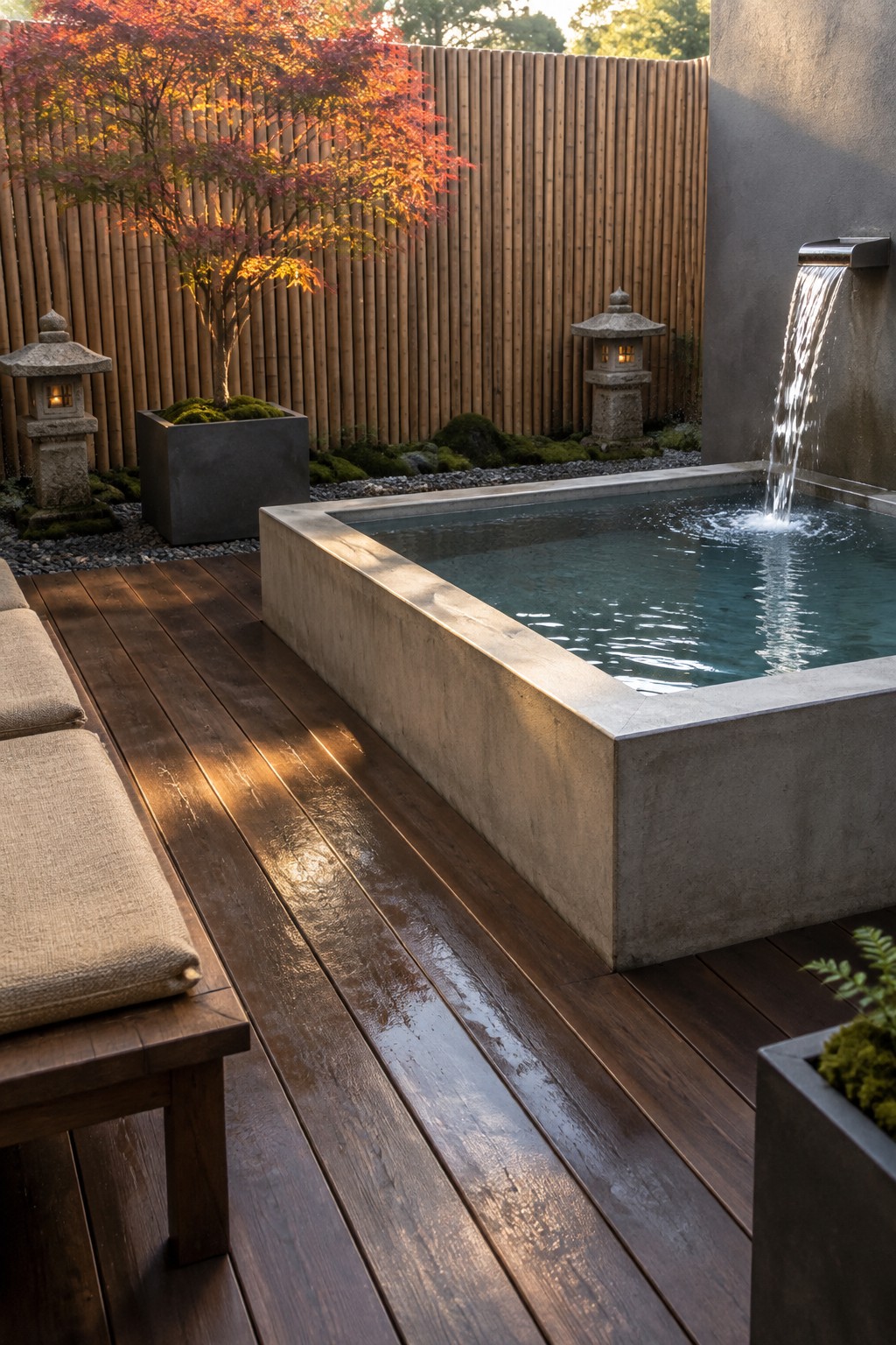 16 Practical Above-Ground Plunge Pool Ideas With Integrated Decks A rectangular concrete plunge pool with water flowing from a wall spout is set beside a dark wooden deck, with stone lanterns and a Japanese maple nearby.